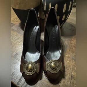 EUC Burberry Dark Brown Leather Heels with Gold Accents SZ 39.5